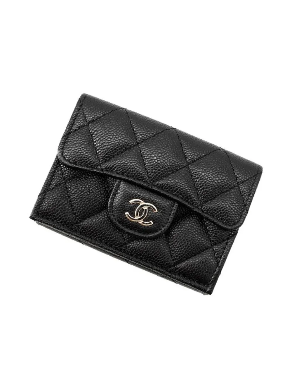 Chanel Trifold Wallet Quilted CC Logo Classic Small Flap Caviar Leather Black